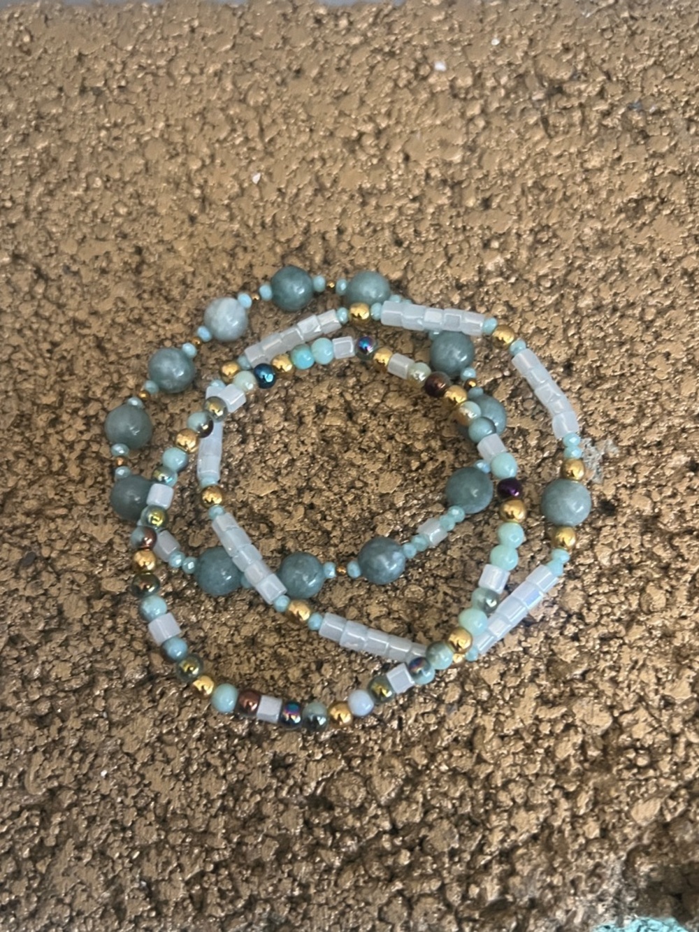 Aqua Beaded Stretch Bracelet Set with Gold Accents - Women Jewelry